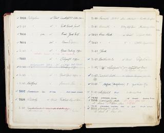 Pages 185 and 186 of London & North Eastern Railway clock record ledger no. 2 covering clock nos. 7028 to 7051, c 1923 - c 1948