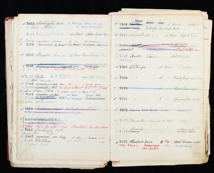 Pages 187 and 188 of London & North Eastern Railway clock record ledger no. 2 covering clock nos. 7052 to 7075, c 1923 - c 1948