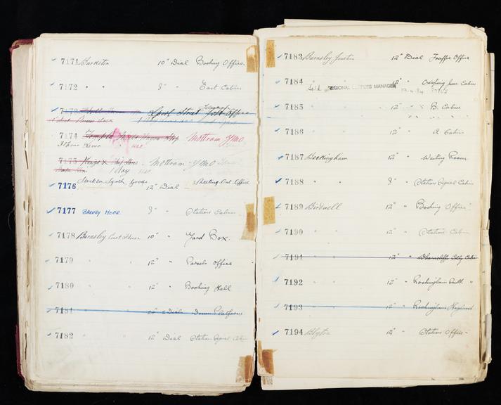 Pages 197 and 198 of London & North Eastern Railway clock record ledger no. 2 covering clock nos. 7171 to 7194, c 1923 - c 1948