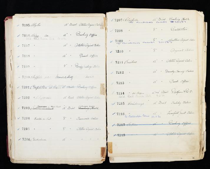 Pages 199 and 200 of London & North Eastern Railway clock record ledger no. 2 covering clock nos. 7195 to 7218, c 1923 - c 1948