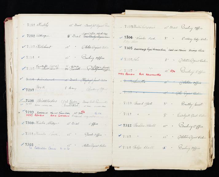 Pages 207 and 208 of London & North Eastern Railway clock record ledger no. 2 covering clock nos. 7291 to 7314, c 1923 - c 1948