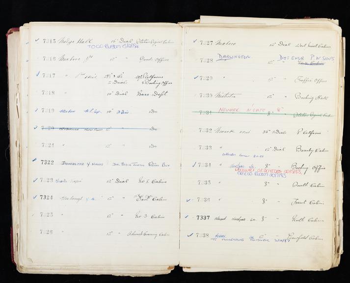 Pages 209 and 210 of London & North Eastern Railway clock record ledger no. 2 covering clock nos. 7315 to 7338, c 1923 - c 1948