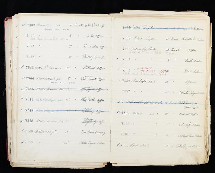 Pages 211 and 212 of London & North Eastern Railway clock record ledger no. 2 covering clock nos. 7339 to 7362, c 1923 - c 1948