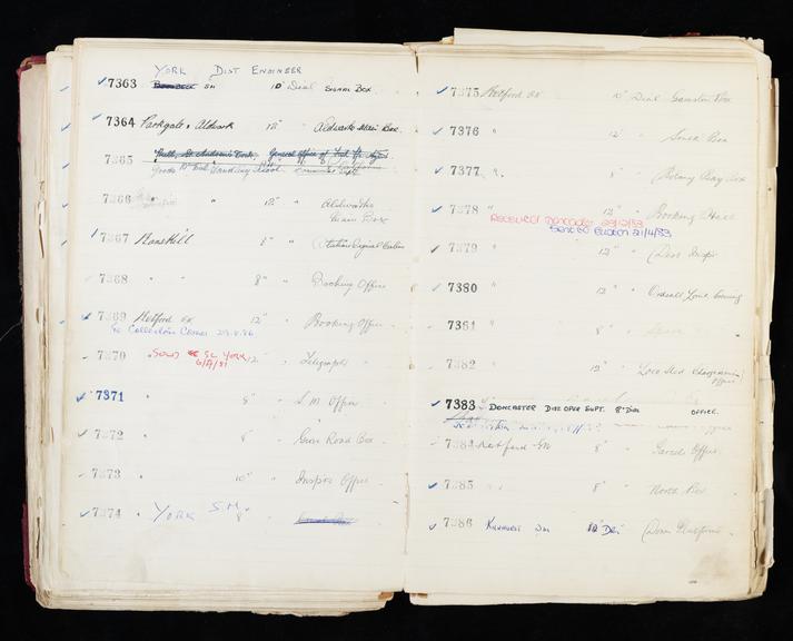 Pages 213 and 214 of London & North Eastern Railway clock record ledger no. 2 covering clock nos. 7363 to 7386, c 1923 - c 1948