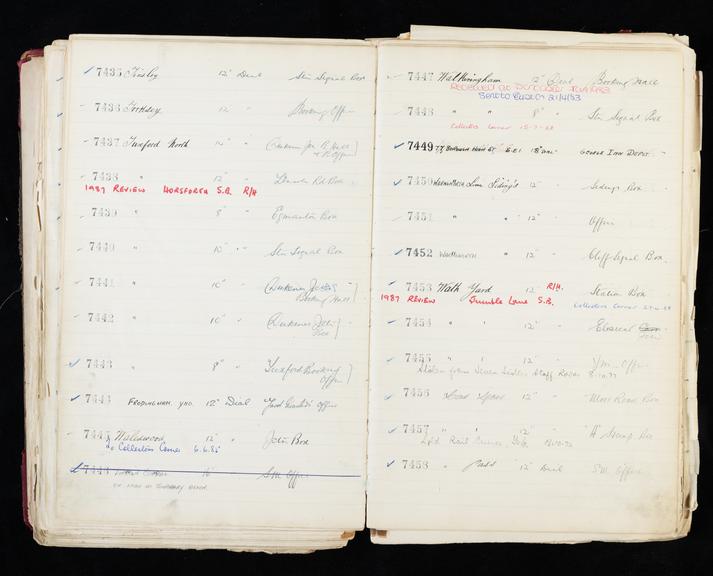 Pages 219 and 220 of London & North Eastern Railway clock record ledger no. 2 covering clock nos. 7435 to 7458, c 1923 - c 1948