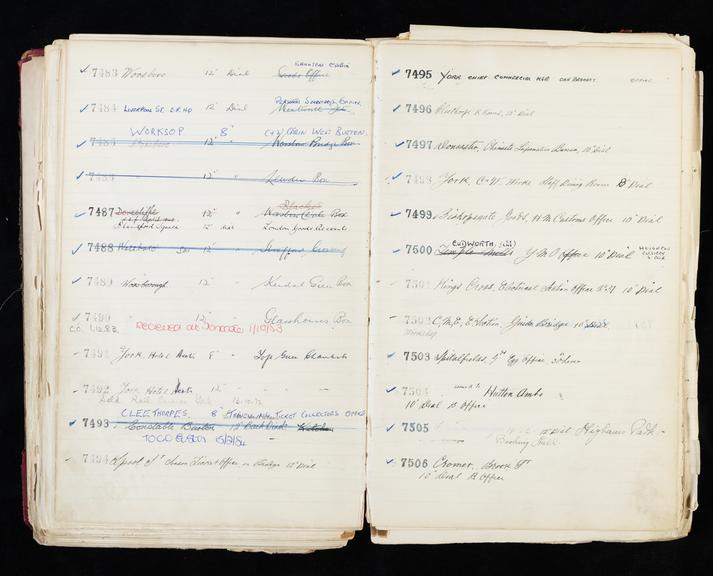 Pages 223 and 224 of London & North Eastern Railway clock record ledger no. 2 covering clock nos. 7483 to 7506, c 1923 - c 1948