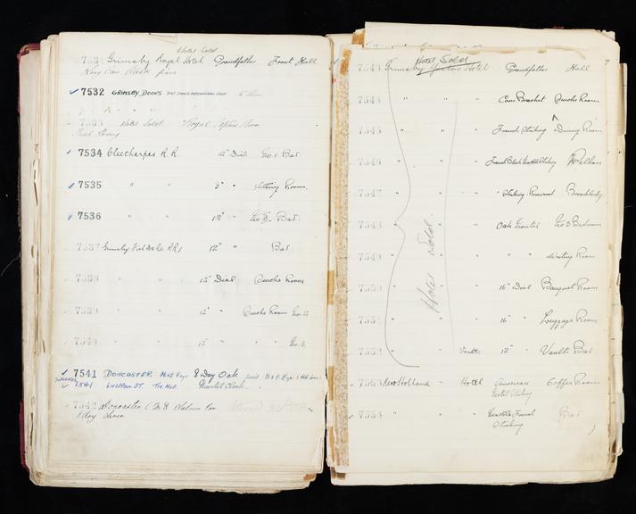 Pages 227 and 228 of London & North Eastern Railway clock record ledger no. 2 covering clock nos. 7531 to 7554, c 1923 - c 1948