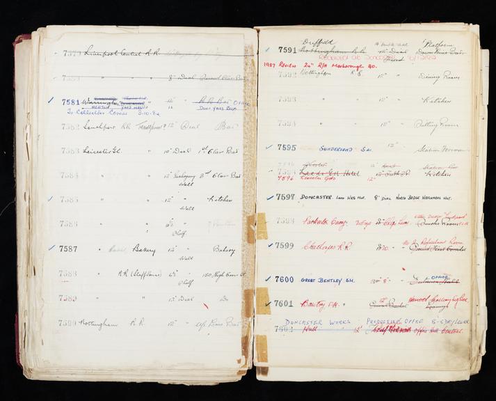 Pages 231 and 232 of London & North Eastern Railway clock record ledger no. 2 covering clock nos. 7579 to 7602, c 1923 - c 1948