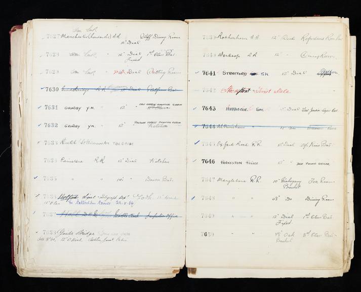 Pages 235 and 236 of London & North Eastern Railway clock record ledger no. 2 covering clock nos. 7627 to 7650, c 1923 - c 1948