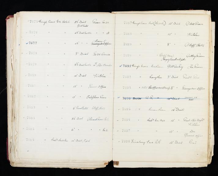 Pages 239 and 240 of London & North Eastern Railway clock record ledger no. 2 covering clock nos. 7675 to 7698, c 1923 - c 1948