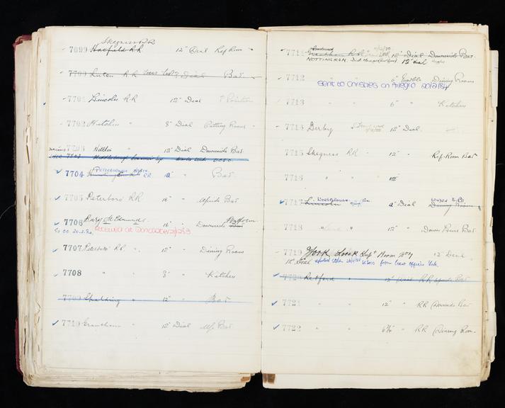 Pages 241 and 242 of London & North Eastern Railway clock record ledger no. 2 covering clock nos. 7699 to 7722, c 1923 - c 1948