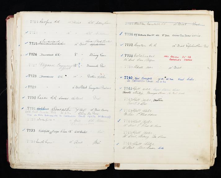 Pages 243 and 244 of London & North Eastern Railway clock record ledger no. 2 covering clock nos. 7723 to 7746, c 1923 - c 1948