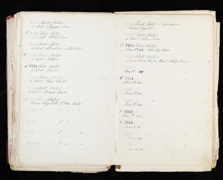 Pages 245 and 246 of London & North Eastern Railway clock record ledger no. 2 covering clock nos. 7747 to 7770, c 1923 - c 1948