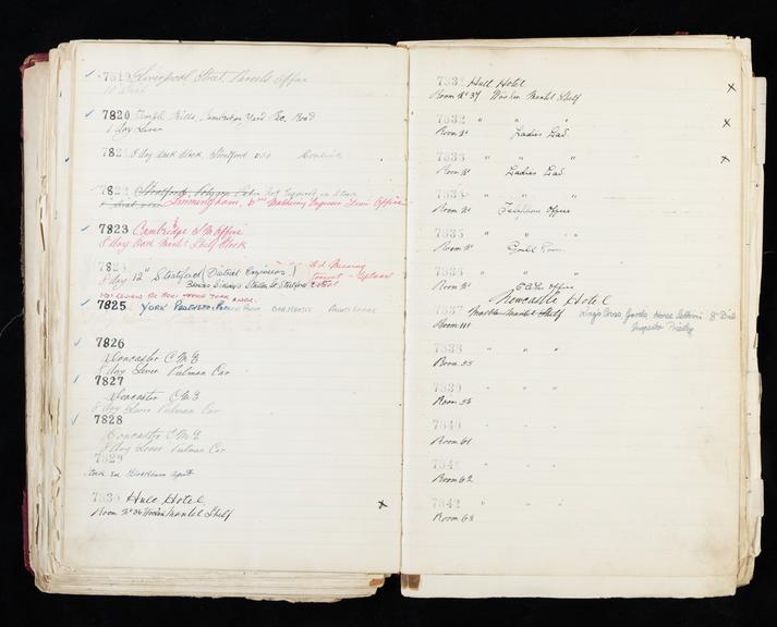 Pages 251 and 252 of London & North Eastern Railway clock record ledger no. 2 covering clock nos. 7819 to 7842, c 1923 - c 1948