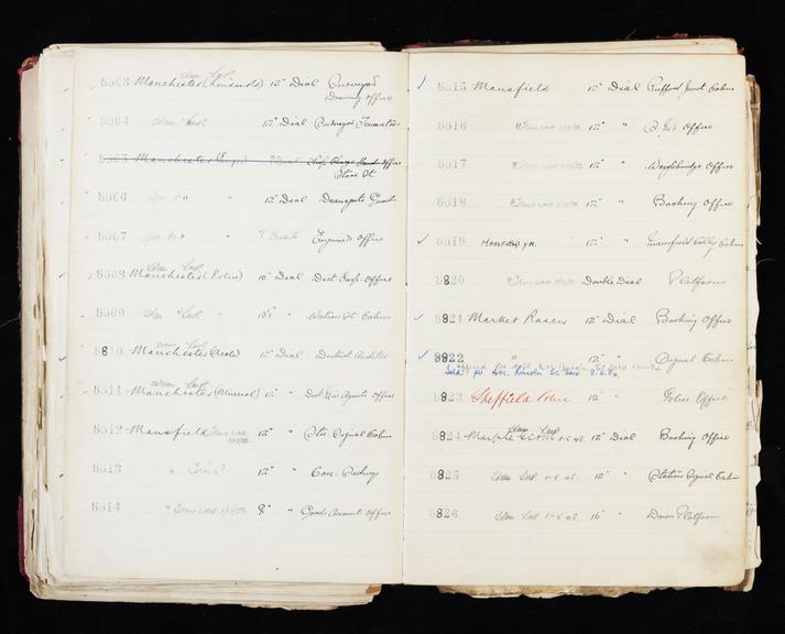 Pages 333 and 334 of London & North Eastern Railway clock record ledger no. 2 covering clock nos. 8803 to 8826, c 1923 - c 1948