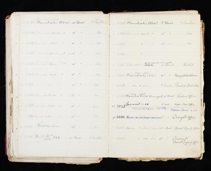 Pages 331 and 332 of London & North Eastern Railway clock record ledger no. 2 covering clock nos. 8779 to 8802, c 1923 - c 1948