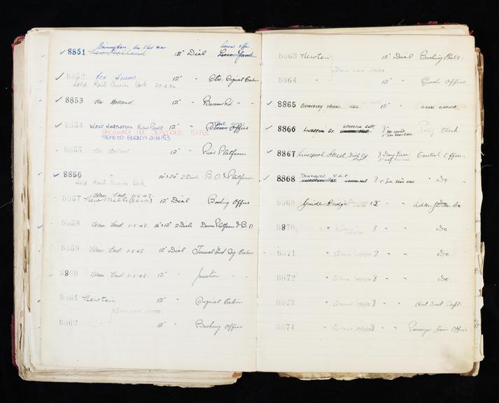 Pages 337 and 338 of London & North Eastern Railway clock record ledger no. 2 covering clock nos. 8851 to 8874, c 1923 - c 1948