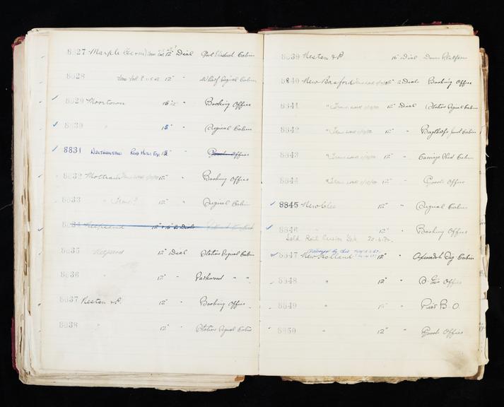 Pages 335 and 336 of London & North Eastern Railway clock record ledger no. 2 covering clock nos. 8827 to 8850, c 1923 - c 1948