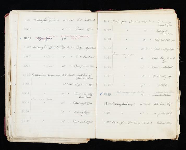 Pages 341 and 342 of London & North Eastern Railway clock record ledger no. 2 covering clock nos. 8899 to 8922, c 1923 - c 1948