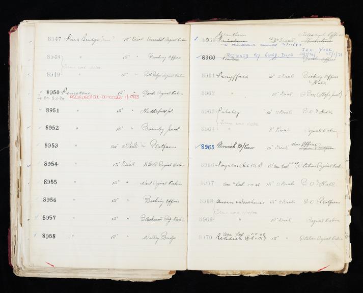 Pages 345 and 346 of London & North Eastern Railway clock record ledger no. 2 covering clock nos. 8947 to 8970, c 1923 - c 1948