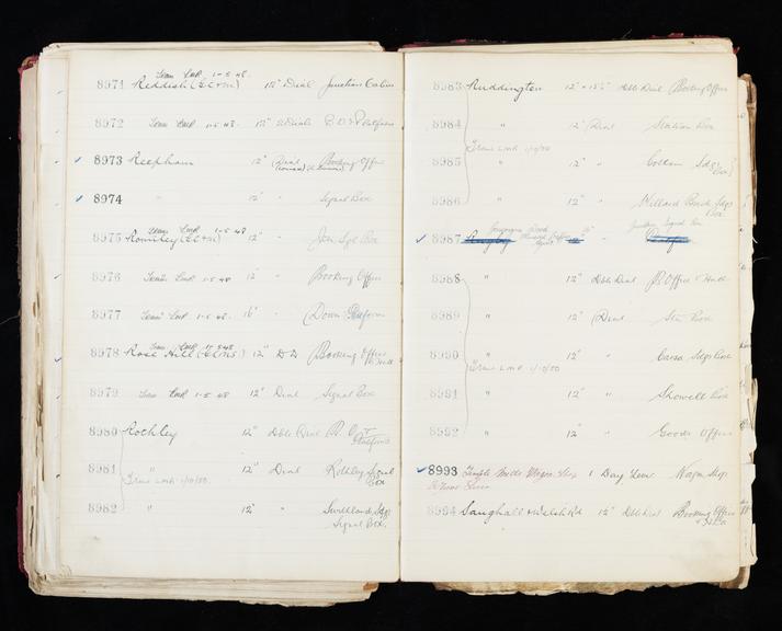 Pages 347 and 348 of London & North Eastern Railway clock record ledger no. 2 covering clock nos. 8971 to 8994, c 1923 - c 1948