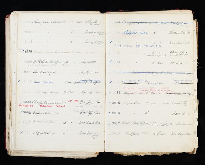 Pages 349 and 350 of London & North Eastern Railway clock record ledger no. 2 covering clock nos. 8995 to 9018, c 1923 - c 1948