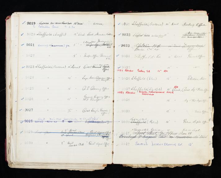 Pages 351 and 352 of London & North Eastern Railway clock record ledger no. 2 covering clock nos. 9019 to 9042, c 1923 - c 1948