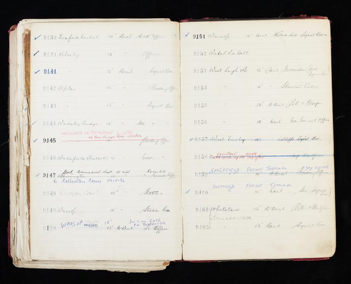 Pages 361 and 362 of London & North Eastern Railway clock record ledger no. 2 covering clock nos. 9139 to 9162, c 1923 - c 1948