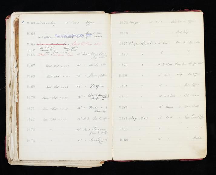 Pages 363 and 364 of London & North Eastern Railway clock record ledger no. 2 covering clock nos. 9163 to 9186, c 1923 - c 1948