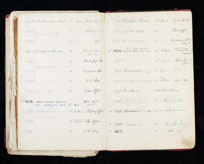 Pages 365 and 366 of London & North Eastern Railway clock record ledger no. 2 covering clock nos. 9187 to 9210, c 1923 - c 1948