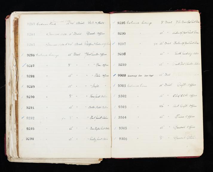 Pages 373 and 374 of London & North Eastern Railway clock record ledger no. 2 covering clock nos. 9283 to 9306, c 1923 - c 1948