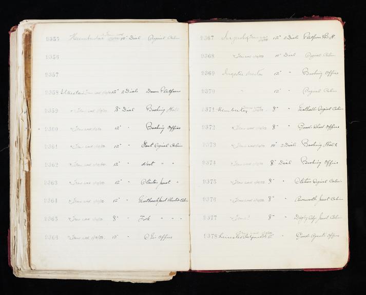 Pages 379 and 380 of London & North Eastern Railway clock record ledger no. 2 covering clock nos. 9355 to 9378, c 1923 - c 1948