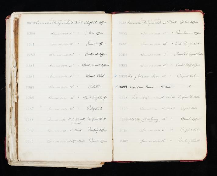 Pages 381 and 382 of London & North Eastern Railway clock record ledger no. 2 covering clock nos. 9379 to 9402, c 1923 - c 1948