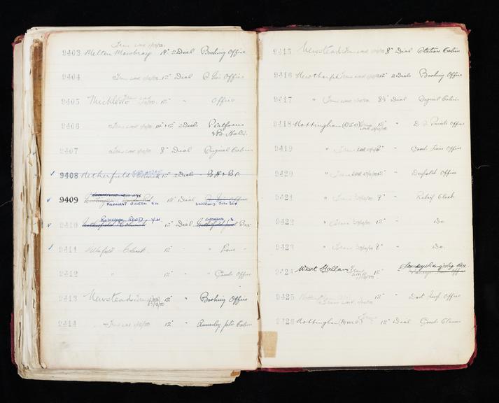 Pages 383 and 384 of London & North Eastern Railway clock record ledger no. 2 covering clock nos. 9403 to 9426, c 1923 - c 1948