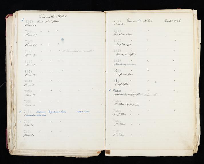 Pages 253 and 254 of London & North Eastern Railway clock record ledger no. 2 covering clock nos. 7843 to 7866, c 1923 - c 1948