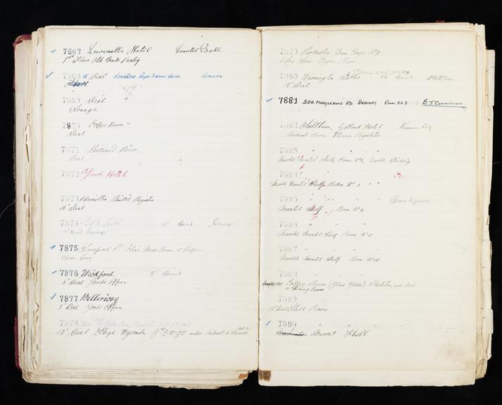 Pages 255 and 256 of London & North Eastern Railway clock record ledger no. 2 covering clock nos. 7867 to 7890, c 1923 - c 1948