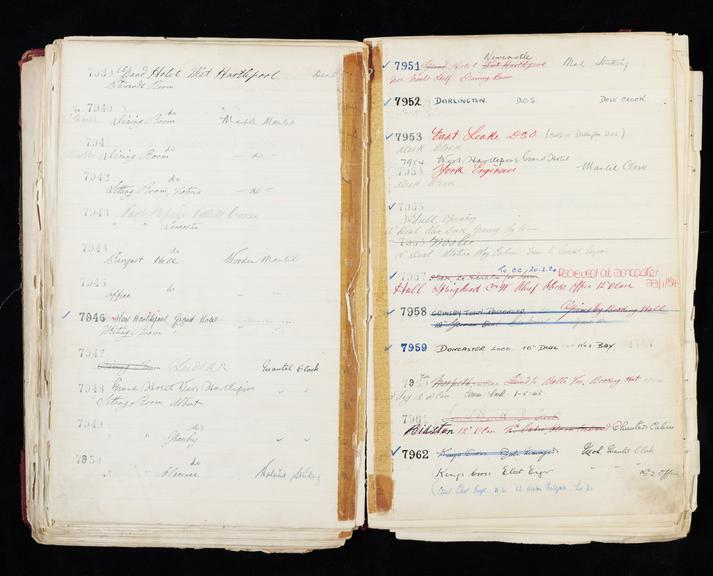 Pages 261 and 262 of London & North Eastern Railway clock record ledger no. 2 covering clock nos. 7939 to 7962, c 1923 - c 1948