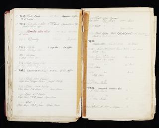 Pages 259 and 260 of London & North Eastern Railway clock record ledger no. 2 covering clock nos. 7915 to 7938, c 1923 - c 1948