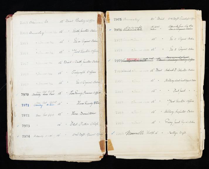 Pages 263 and 264 of London & North Eastern Railway clock record ledger no. 2 covering clock nos. 7963 to 7986, c 1923 - c 1948