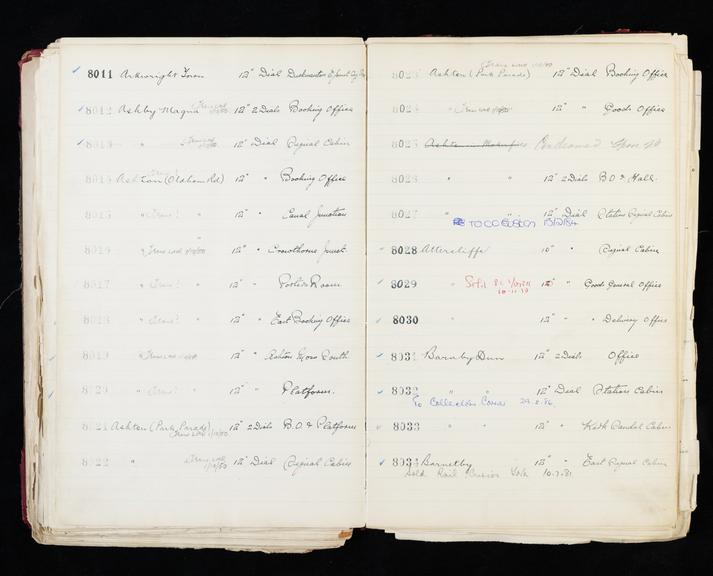 Pages 267 and 268 of London & North Eastern Railway clock record ledger no. 2 covering clock nos. 8011 to 8034, c 1923 - c 1948