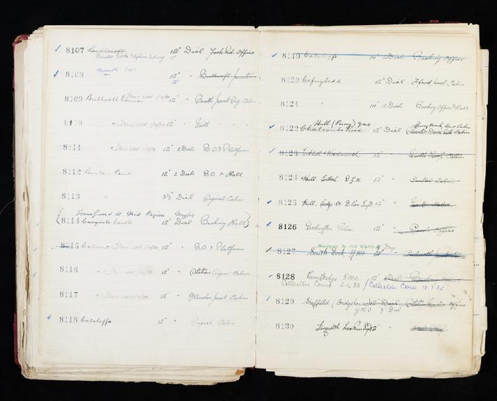 Pages 275 and 276 of London & North Eastern Railway clock record ledger no. 2 covering clock nos. 8107 to 8130, c 1923 - c 1948