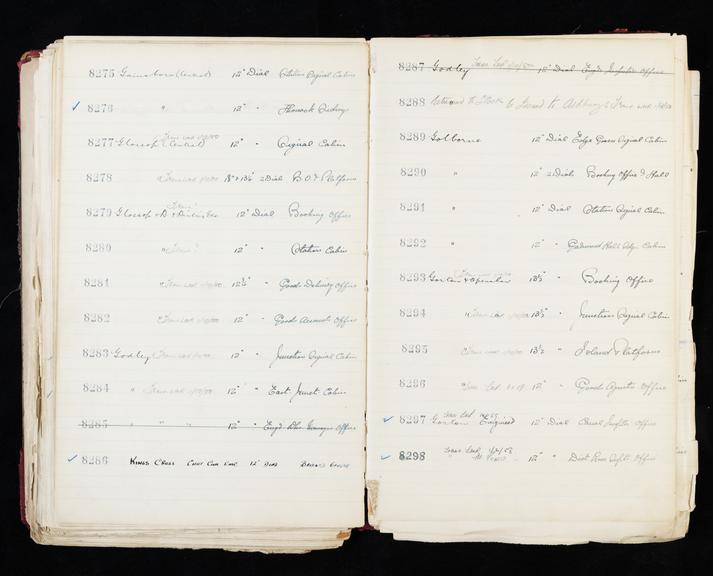 Pages 291 and 292 of London & North Eastern Railway clock record ledger no. 2 covering clock nos. 8299 to 8322, c 1923 - c 1948