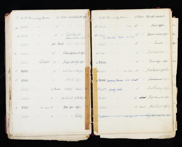 Pages 295 and 296 of London & North Eastern Railway clock record ledger no. 2 covering clock nos. 8347 to 8370, c 1923 - c 1948