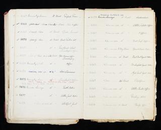 Pages 305 and 306 of London & North Eastern Railway clock record ledger no. 2 covering clock nos. 8467 to 8490, c 1923 - c 1948