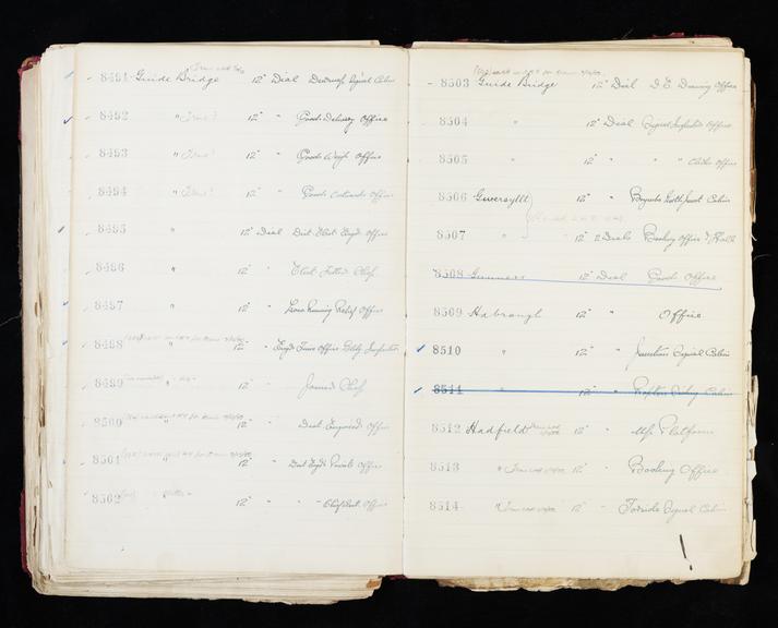 Pages 307 and 308 of London & North Eastern Railway clock record ledger no. 2 covering clock nos. 8491 to 8514, c 1923 - c 1948