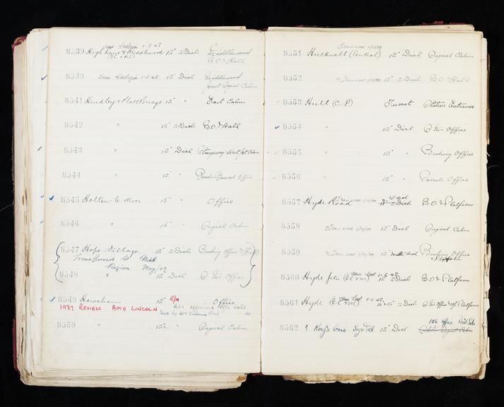 Pages 311 and 312 of London & North Eastern Railway clock record ledger no. 2 covering clock nos. 8539 to 8562, c 1923 - c 1948