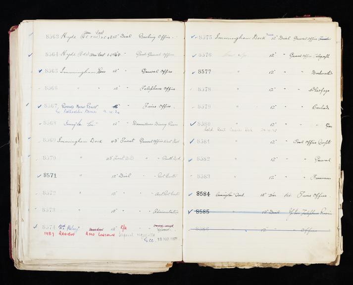 Pages 313 and 314 of London & North Eastern Railway clock record ledger no. 2 covering clock nos. 8563 to 8586, c 1923 - c 1948