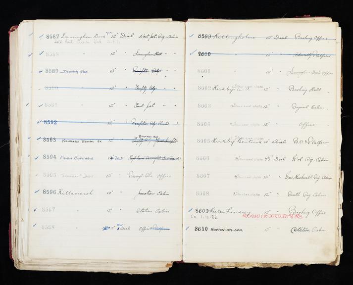 Pages 315 and 316 of London & North Eastern Railway clock record ledger no. 2 covering clock nos. 8587 to 8610, c 1923 - c 1948