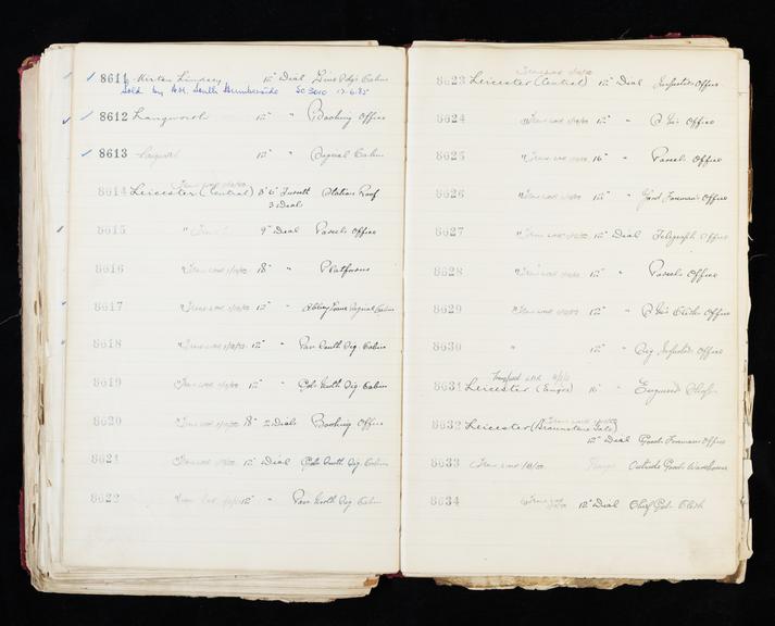 Pages 317 and 318 of London & North Eastern Railway clock record ledger no. 2 covering clock nos. 8611 to 8634, c 1923 - c 1948