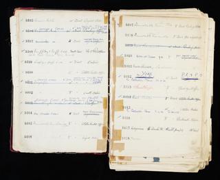 Pages 13 and 14 of London & North Eastern Railway and successors clock record ledger no. 3 covering clock nos. 9595 to 9618